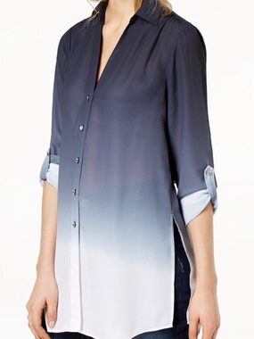 INC Dip Dyed Button Front Tunic Black White Ombre Long Sleeve Womens S New